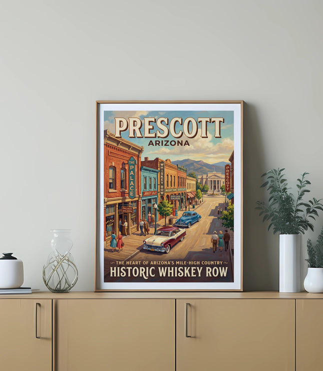 Vintage poster of Prescott, Arizona, Historic Whiskey Row with buildings and cars.