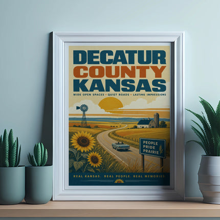 Decatur County Kansas travel poster with windmill, sunflowers, and car.