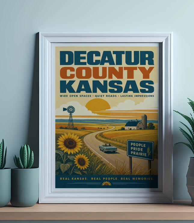 Decatur County Kansas travel poster with windmill, sunflowers, and car.