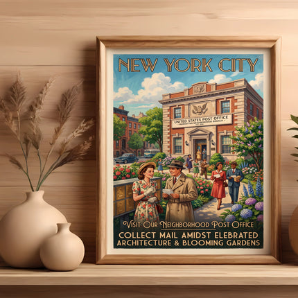 New York City Post Office with couple and gardens, reads "Visit Our Neighborhood Post Office."
