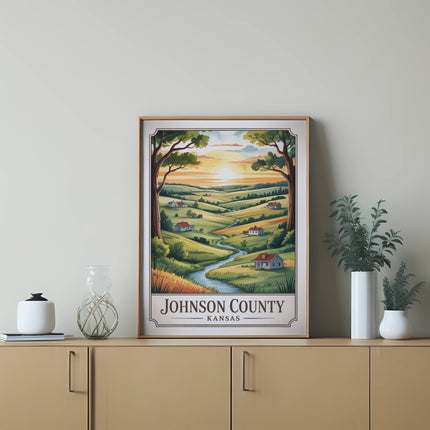 Framed artwork of rolling hills, farms, and trees with "Johnson County Kansas" text.
