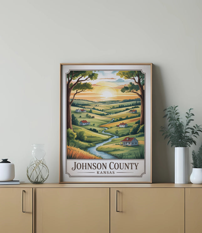 Framed artwork of rolling hills, farms, and trees with "Johnson County Kansas" text.