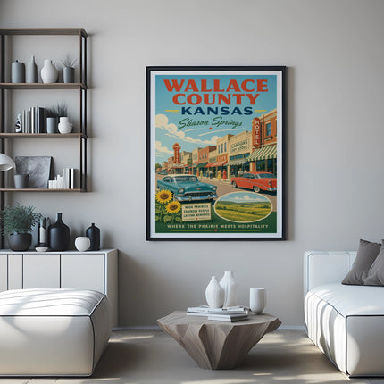 Vintage travel poster for Wallace County, Kansas, with "Wallace County Kansas" and "Sharon Springs" text.