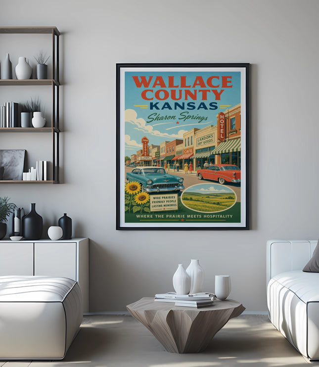 Vintage travel poster for Wallace County, Kansas, with "Wallace County Kansas" and "Sharon Springs" text.