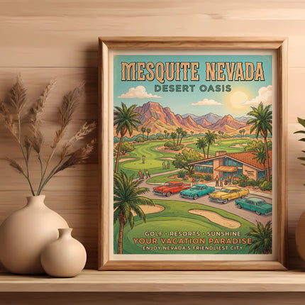 Vintage poster of Mesquite Nevada Desert Oasis with golf course, cars, and text.