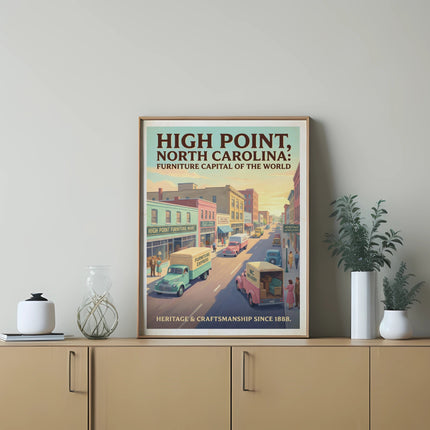 Vintage poster of High Point, NC, the furniture capital, with trucks and buildings.