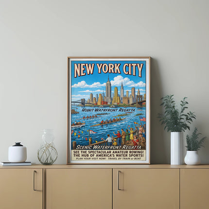 New York City vintage poster for Scenic Waterfront Regatta with rowing boats.