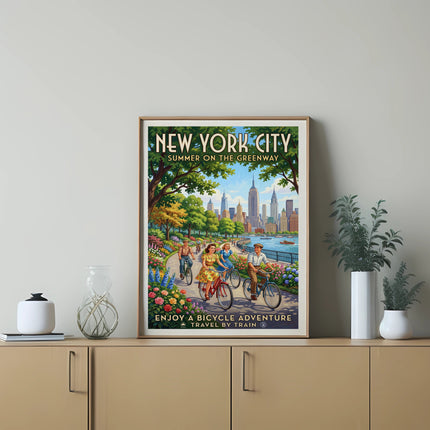 New York City summer on the greenway poster with people cycling.