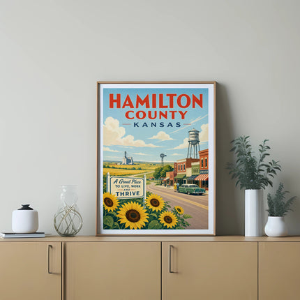 Vintage "Hamilton County, Kansas" travel poster with sunflowers and a town scene.