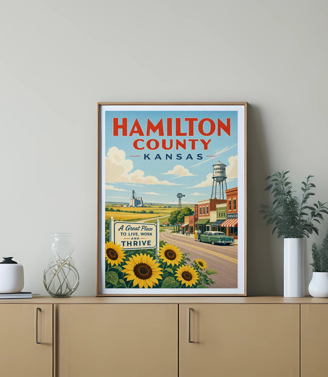 Vintage "Hamilton County, Kansas" travel poster with sunflowers and a town scene.