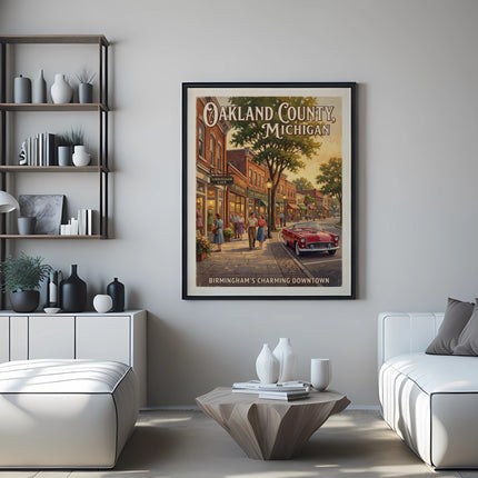 Oakland County Michigan poster with Birmingham's charming downtown and a red car.