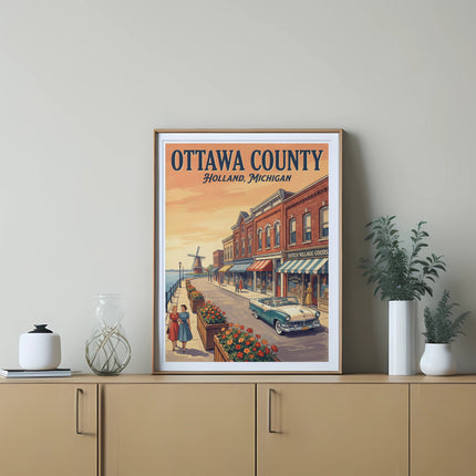Ottawa County Holland Michigan vintage travel poster with street scene and classic car.