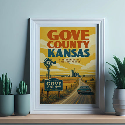 Gove County Kansas travel poster with windmill, car, and text.
