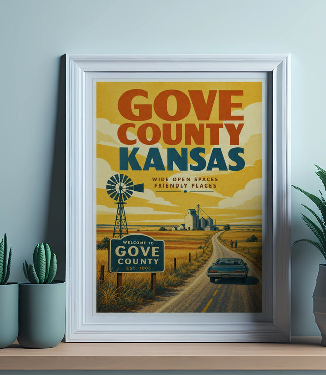 Gove County Kansas travel poster with windmill, car, and text.