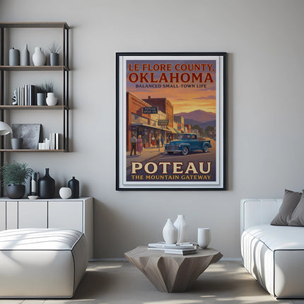 Poster of Poteau, Oklahoma, showing a vintage street scene with a blue truck and buildings.