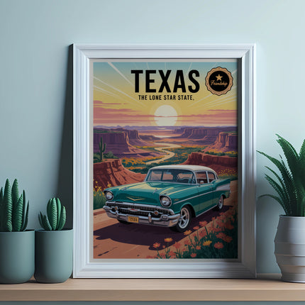 Teal classic car parked in desert landscape with "Texas The Lone Star State" poster.