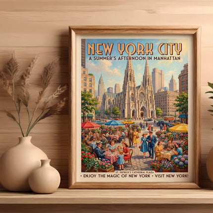 Vintage New York City poster depicting a summer afternoon in Manhattan.