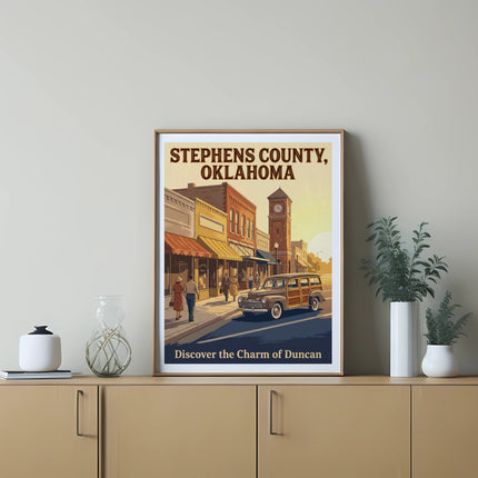 Stephens County, Oklahoma vintage travel poster with a woody wagon and buildings.