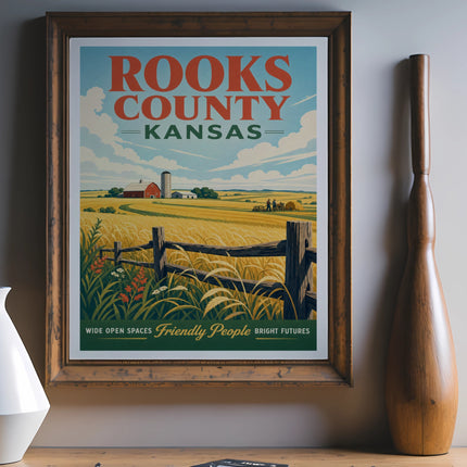 Rooks County, Kansas poster with fields, farm, and text about bright futures.
