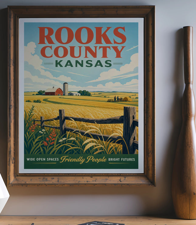 Rooks County, Kansas poster with fields, farm, and text about bright futures.