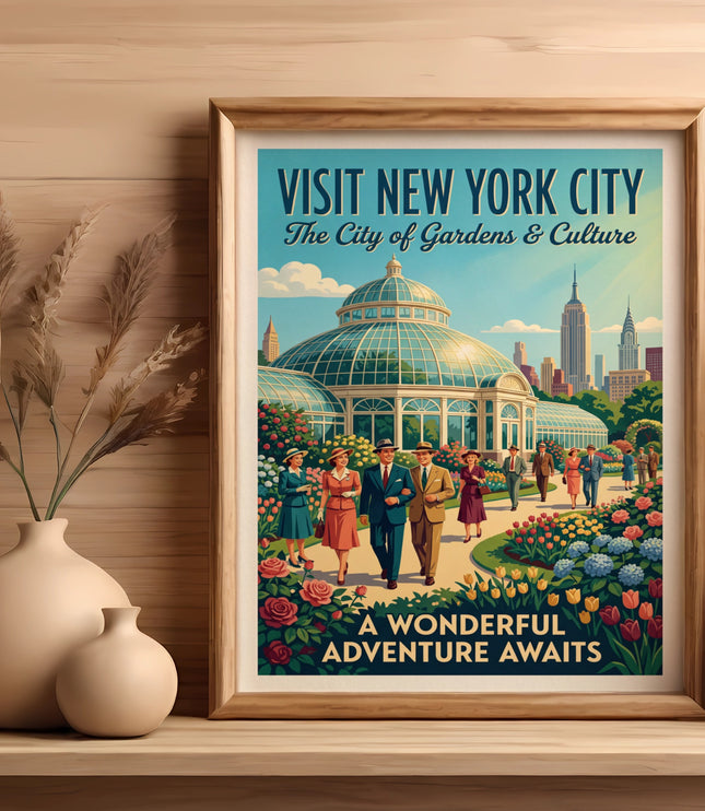 Vintage poster for New York City showing the conservatory and skyline.
