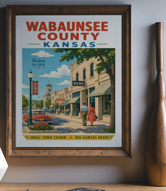 Vintage poster for Wabaunsee County, Kansas, featuring Alma main street.