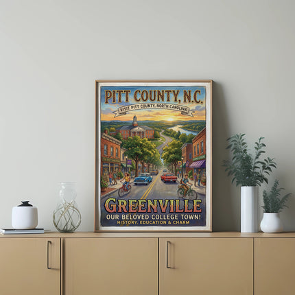 Vintage style poster of Greenville, Pitt County, NC, with buildings, cars, and people.