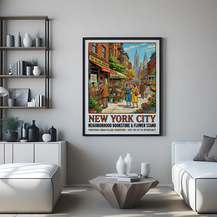 New York City poster with bookstore and flower stand, citing 1928.
