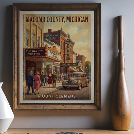 Vintage poster of Macomb County, Michigan, with Mount Clemens street scene.