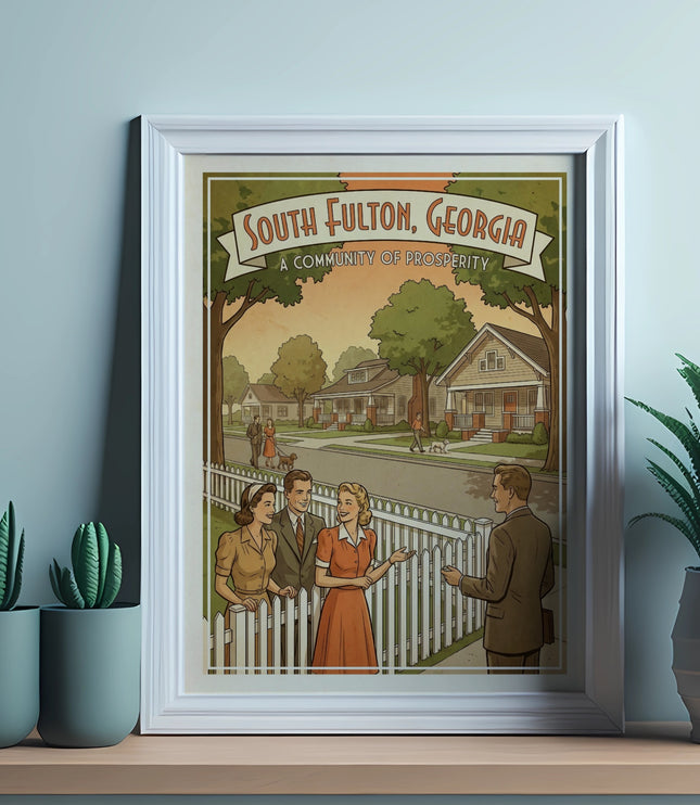 Retro illustration of South Fulton, Georgia with families and houses.