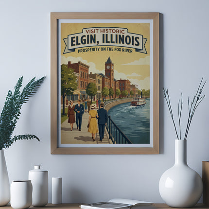 Vintage travel poster for Elgin, Illinois, featuring a riverfront scene.