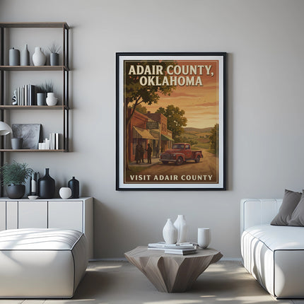 Adair County, Oklahoma vintage travel poster with red truck.