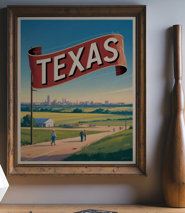 Framed vintage-style poster featuring a red banner with "TEXAS" written in white, against a landscape.