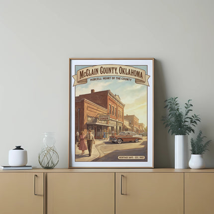 Artwork of Purcell, Oklahoma main street with a diner and vintage car.