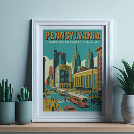 Vintage Pennsylvania art deco cityscape with buildings, trolley, and people.