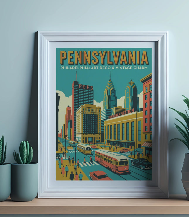 Vintage Pennsylvania art deco cityscape with buildings, trolley, and people.