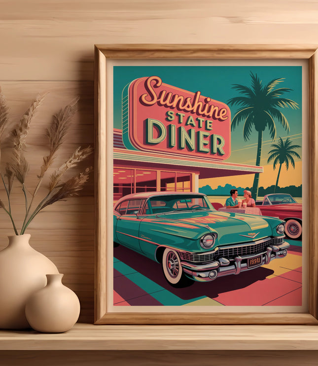 Vintage poster of "Sunshine State Diner" with classic cars and palm trees.