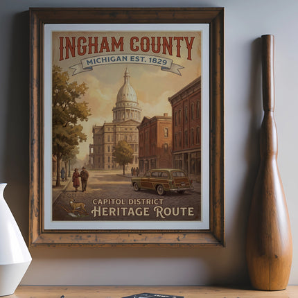 Ingham County Michigan Est. 1829 Heritage Route poster with capitol building.