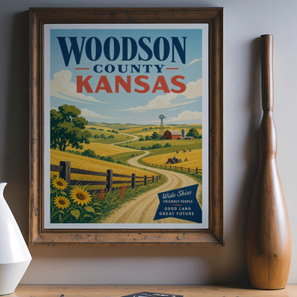 Woodson County, Kansas vintage travel poster with farm landscape and sunflowers.