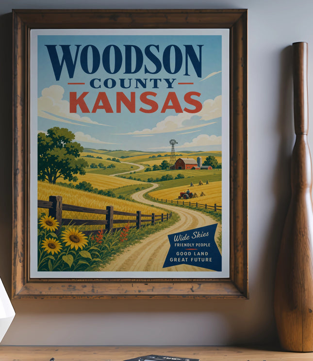 Woodson County, Kansas vintage travel poster with farm landscape and sunflowers.