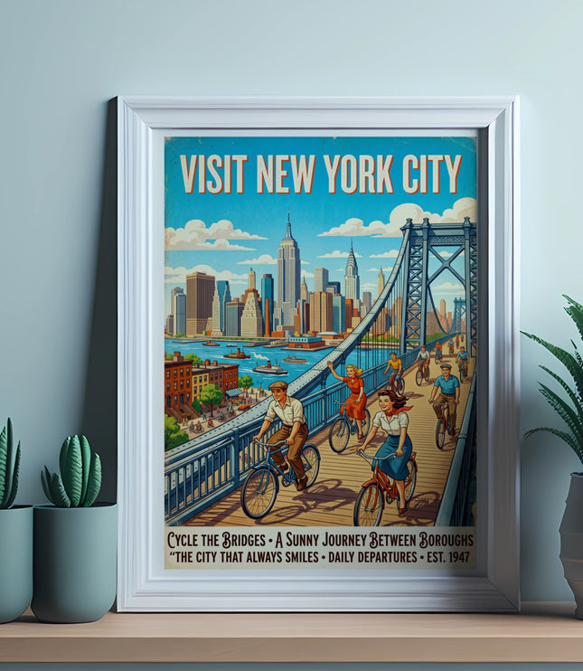 Vintage "Visit New York City" poster with cyclists on a bridge.