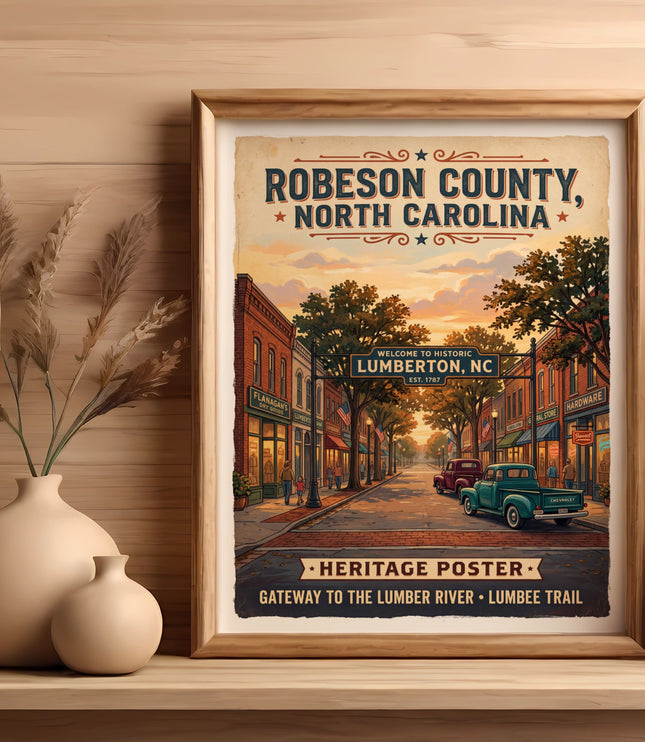Robeson County, North Carolina heritage poster depicting Lumberton, NC historic downtown.