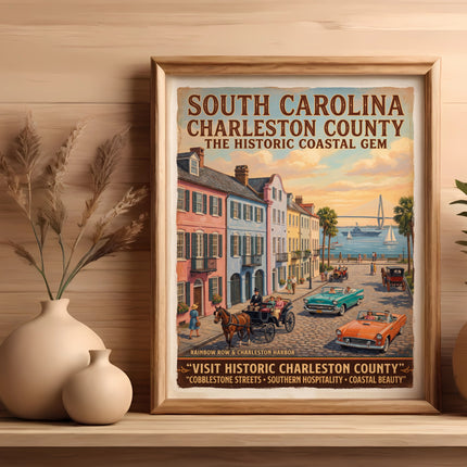 Vintage travel poster of Charleston County, South Carolina featuring Rainbow Row and harbor scenes.