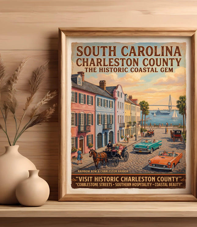 Vintage travel poster of Charleston County, South Carolina featuring Rainbow Row and harbor scenes.