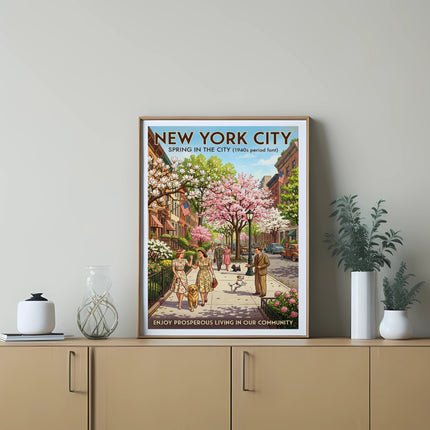 New York City Spring in the City vintage poster with pedestrians and blooming trees.