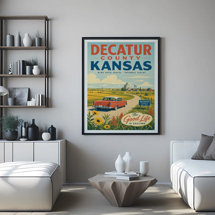 Vintage poster for Decatur County, Kansas, featuring a car and farmland.