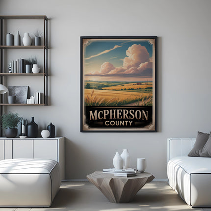 McPherson County vintage travel poster with farmland landscape.