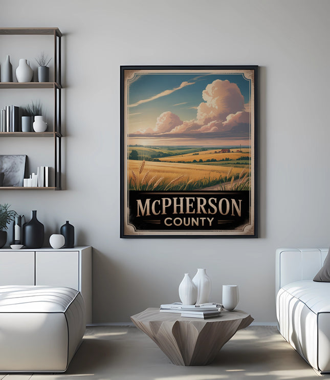 McPherson County vintage travel poster with farmland landscape.