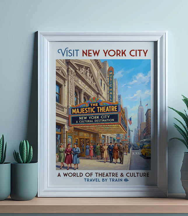 "Visit New York City" poster featuring the Majestic Theatre, cultural destination, and city skyline.