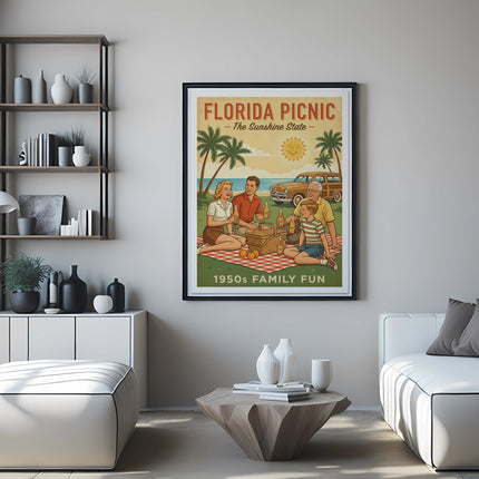 Retro poster of a family enjoying a Florida picnic with palm trees and vintage car.